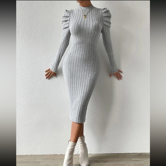 Elegant Mock Neck Puff Long Sleeve Ribbed Knit Bodycon Dress - Picture 5 of 16